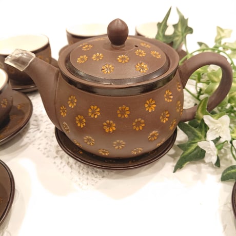 ベトナム バッチャン焼き 茶器セット シックなチョコレート色 オレンジの花