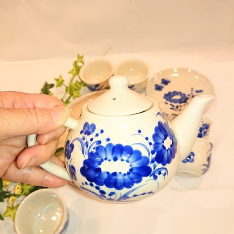 ベトナム バッチャン焼き 茶器セット ベトナムの花 青色