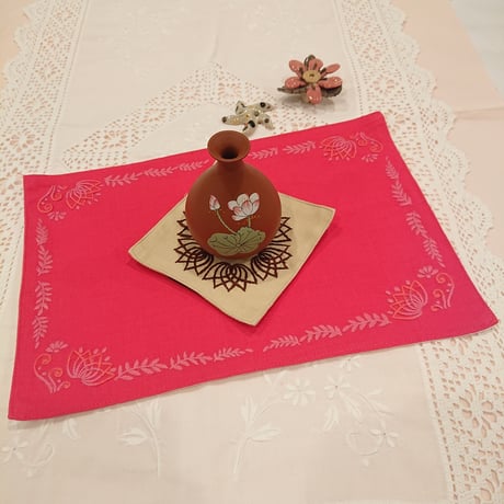 Vietnamese hand-embroidered handmade mat, red color