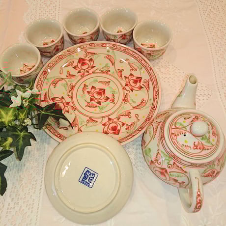 Vietnam Bat Trang pottery tea set lotus flower red