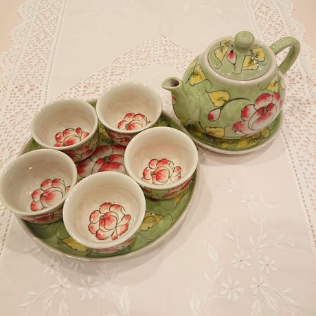 ベトナム バッチャン焼き 茶器セット 芙蓉 グリーン