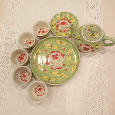 ベトナム バッチャン焼き 茶器セット 芙蓉 グリーン