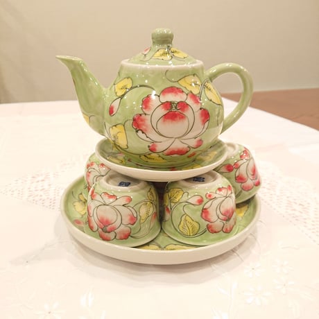 ベトナム バッチャン焼き 茶器セット 芙蓉 グリーン