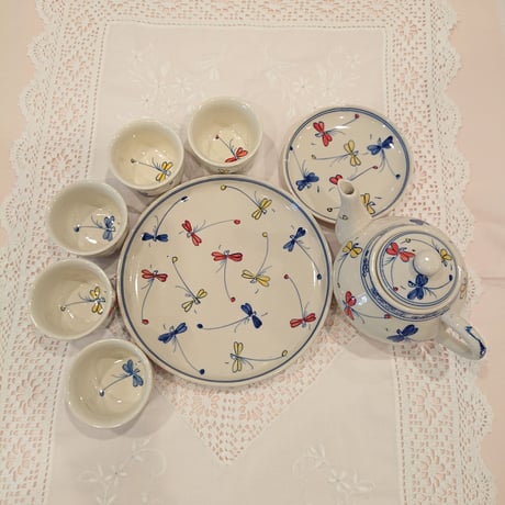 ベトナム バッチャン焼き 茶器セット 幸せを運ぶとんぼ絵 青