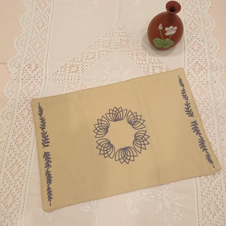 Set of 2 Vietnamese hand-embroidered handmade mats, lotus, vanilla, brown