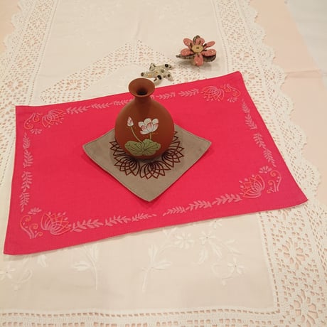 Vietnamese hand-embroidered handmade mat, red color
