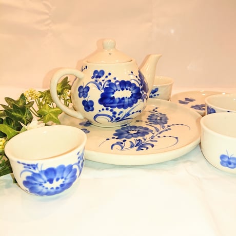 ベトナム バッチャン焼き 茶器セット ベトナムの花 青色