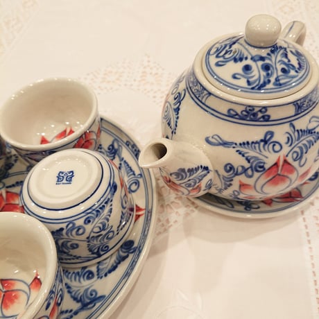 ベトナム バッチャン焼き 茶器セット 蓮花 青色