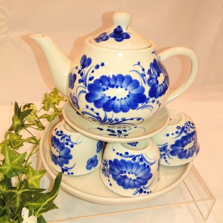 ベトナム バッチャン焼き 茶器セット ベトナムの花 青色