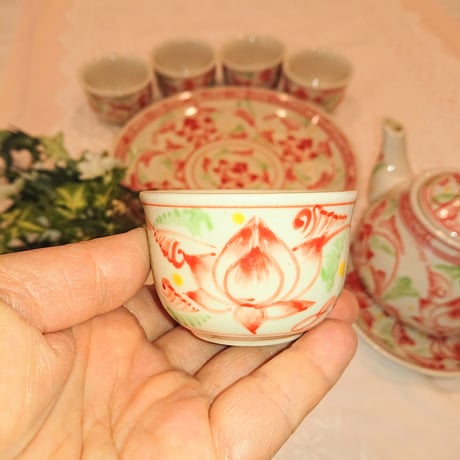 Vietnam Bat Trang pottery tea set lotus flower red