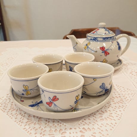 ベトナム バッチャン焼き 茶器セット 幸せを運ぶとんぼ絵 青