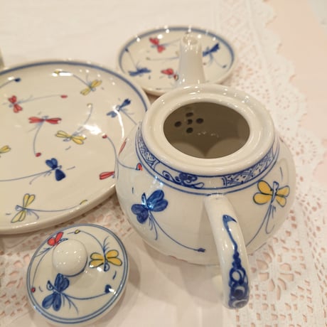ベトナム バッチャン焼き 茶器セット 幸せを運ぶとんぼ絵 青
