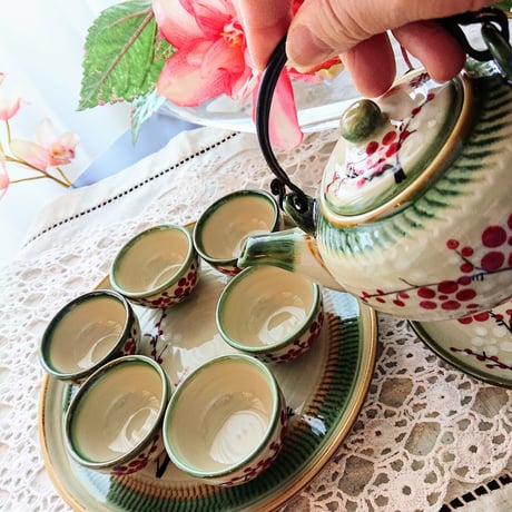 ベトナム バッチャン焼き 茶器セット 梅 緑の淵