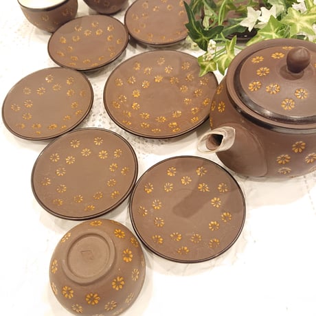 ベトナム バッチャン焼き 茶器セット シックなチョコレート色 オレンジの花