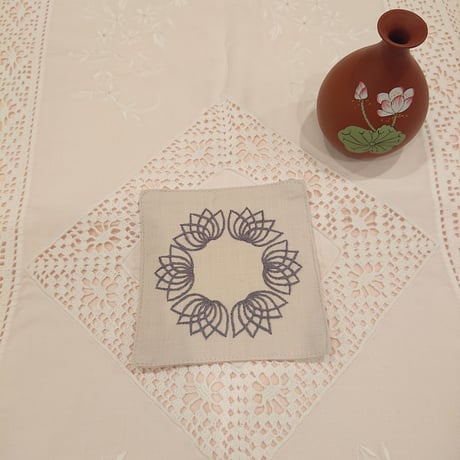 Set of 2 Vietnamese hand-embroidered coasters, lotus flower, white and grey