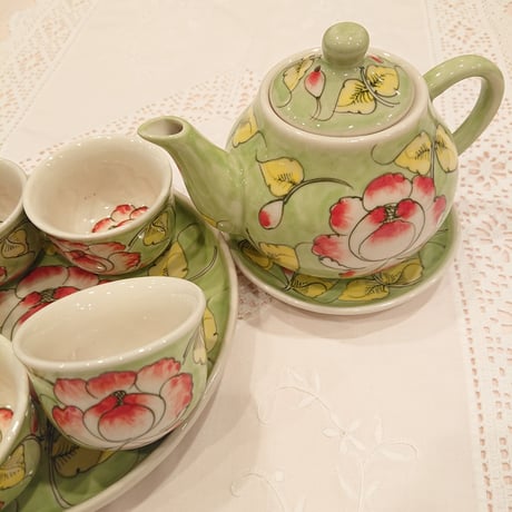 ベトナム バッチャン焼き 茶器セット 芙蓉 グリーン