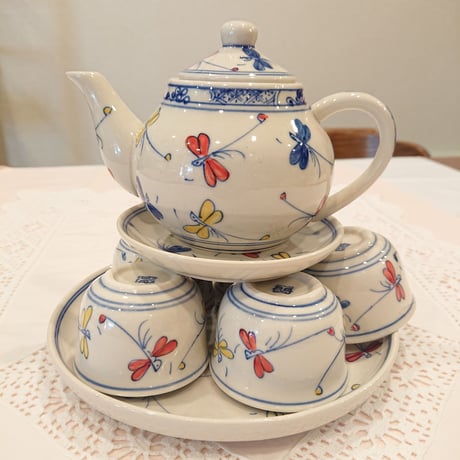 ベトナム バッチャン焼き 茶器セット 幸せを運ぶとんぼ絵 青