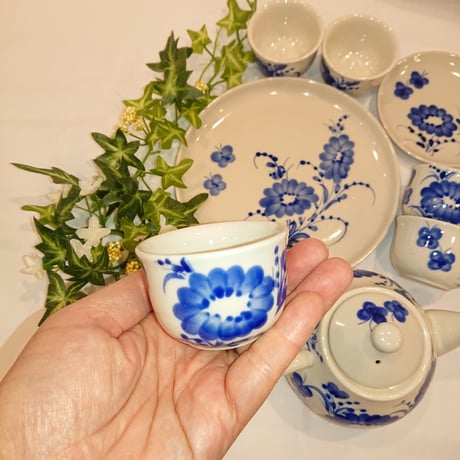ベトナム バッチャン焼き 茶器セット ベトナムの花 青色