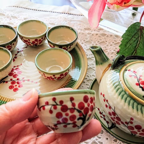 ベトナム バッチャン焼き 茶器セット 梅 緑の淵