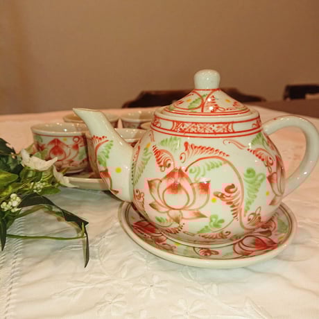 Vietnam Bat Trang pottery tea set lotus flower red