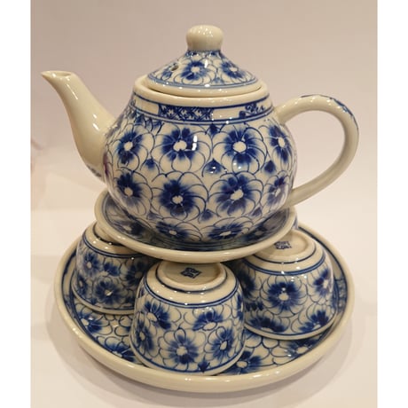 Vietnam Bat Trang pottery tea set, chrysanthemum, indigo blue