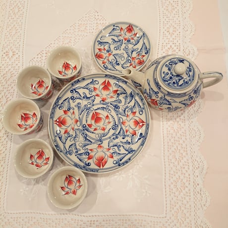 Vietnam Bat Trang pottery tea set lotus flower blue