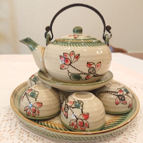 Vietnam Bat Trang ware tea set lotus flower green edge