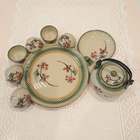 Vietnam Bat Trang ware tea set lotus flower green edge