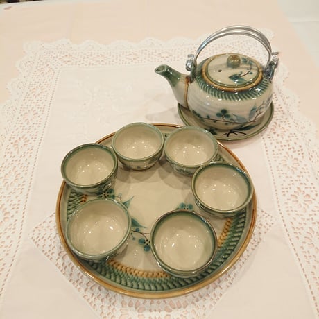 Vietnam Bat Trang ware tea set, green plum, green edge