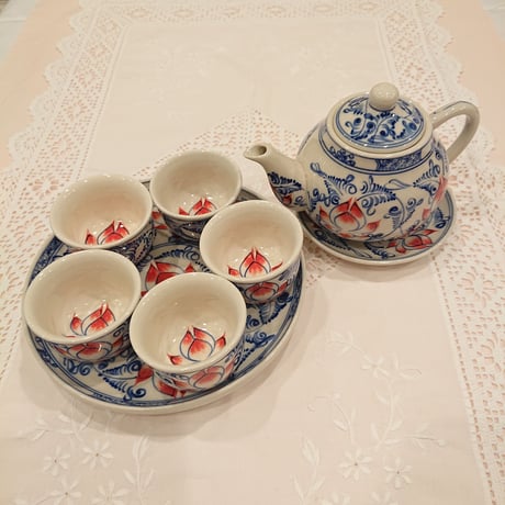 Vietnam Bat Trang pottery tea set lotus flower blue