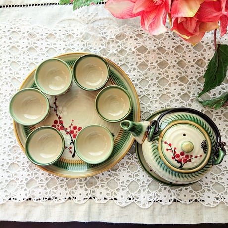 Vietnam Bat Trang ware tea set, plum, green edge