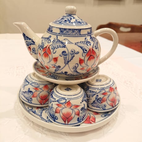 Vietnam Bat Trang pottery tea set lotus flower blue