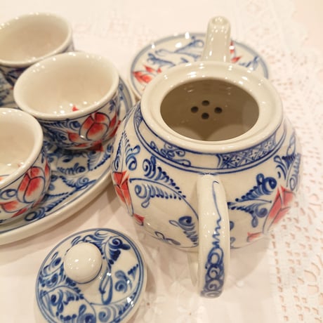 Vietnam Bat Trang pottery tea set lotus flower blue