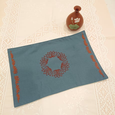 Vietnamese hand-embroidered handmade mat set of 2 lotus flowers in blue and brown