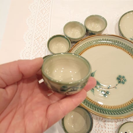 Vietnam Bat Trang ware tea set, green plum, green edge