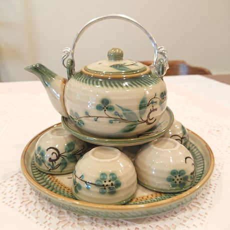 Vietnam Bat Trang ware tea set, green plum, green edge