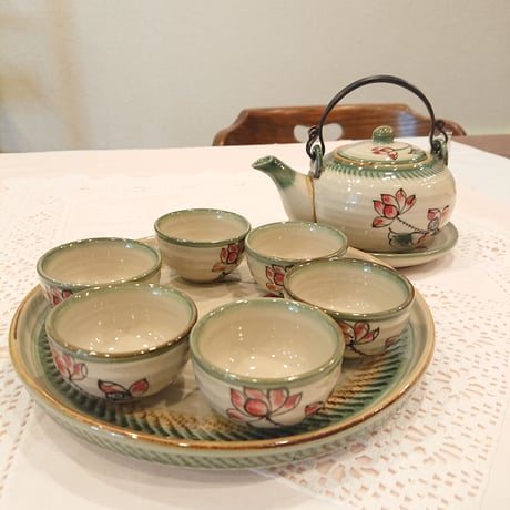 Vietnam Bat Trang ware tea set lotus flower green edge